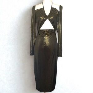 NSR Gold Metallic Cut Out Midi Evening Dress Women Size Medium New With Tag